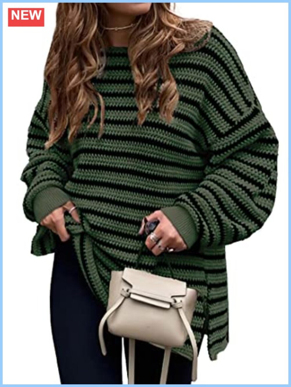 Oversized Striped Chunky Knit Crewneck Pullover Sweater Tunic